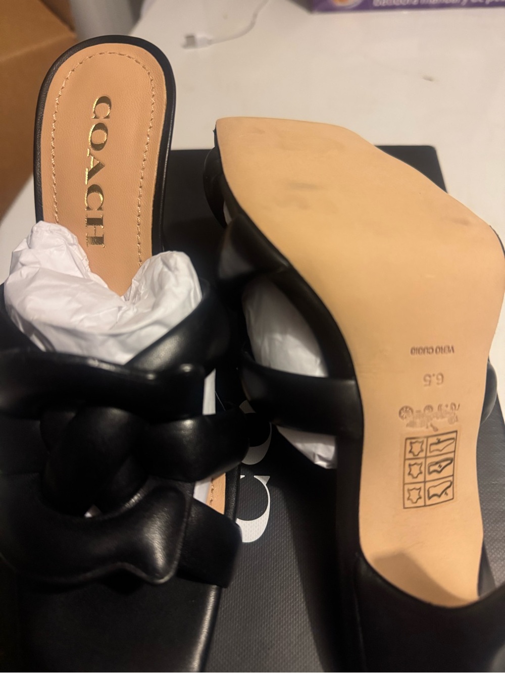COACH Black Braided Leather Slide Mules - Picture 1 of 4